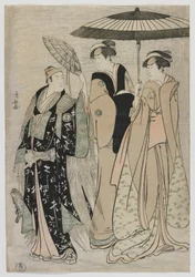 The Actors Sujuro III as Minamoto no Yoritomo, Nakamura Riko as Kiyotaki, Yamashita Mangiku as Masa, Edo period, 1784 (colour woodblock print)